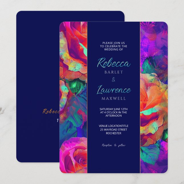 Chic colorful bright flowers wedding invitation (Front/Back)