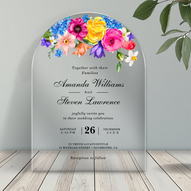Chic colorful bright wildflowers wedding arch  acrylic invitations (Creator Uploaded)