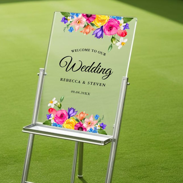 Chic colorful bright wildflowers wedding welcome acrylic sign (Creator Uploaded)