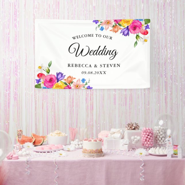 Chic colorful bright wildflowers wedding welcome  banner (Party)