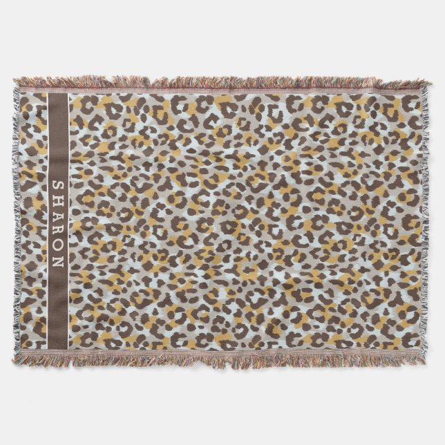 Chic colorful brown gold cheetah print monogram throw blanket (Front)