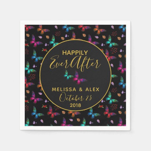 Chic Colorful Butterflies on Black Wedding Paper Napkins