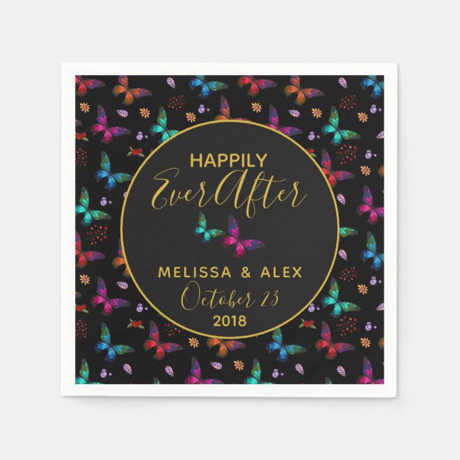 Chic Colorful Butterflies on Black Wedding Paper Napkins (Front)