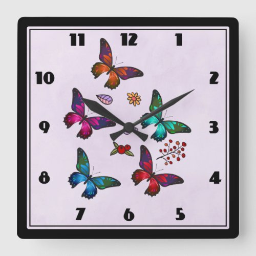 Chic Colorful Butterflies Pattern on Pastel Pink Square Wall Clock
