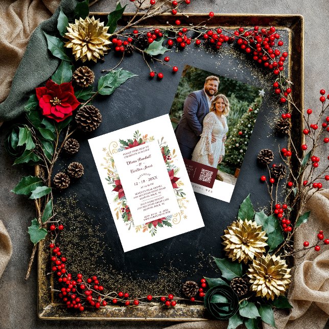 Chic Colorful Christmas Botanical & Floral Frame  Invitation (Chic Colorful Christmas Botanical and Floral Frame Wedding Invitations Cards with Back QR Code.)