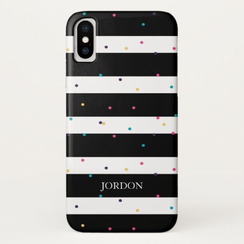 Chic colorful dots on black and white stripe iPhone XS case