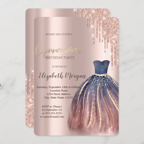 Chic Colorful Dress Rose Gold Drips Quinceanera Invitation