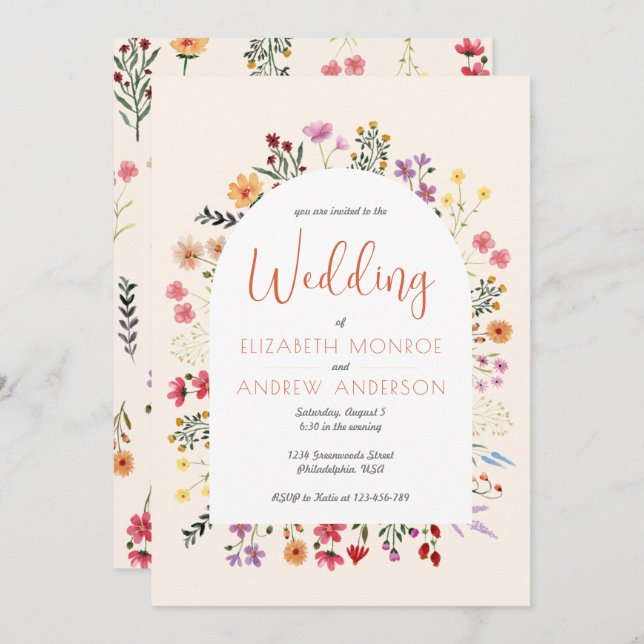 Chic Colorful Fall Wildflower Arch Wedding Script Invitation (Front/Back)