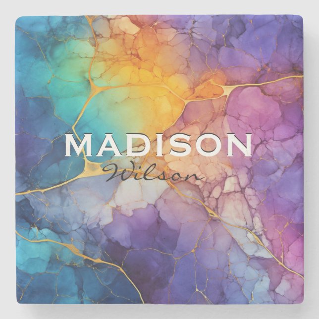 Chic colorful faux gold glitter marbling monogram stone coaster (Front)