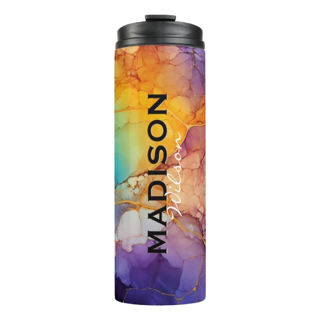 Chic colorful faux gold glitter marbling monogram thermal tumbler (Front)