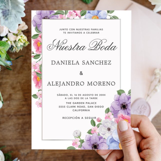 Chic Colorful Floral Nuestra Boda Spanish Wedding Invitation (Creator Uploaded)