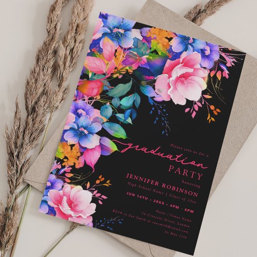 Chic Colorful Garden Floral Graduation Black  Invitation