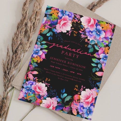 Chic Colorful Garden Floral Graduation Black Invitation