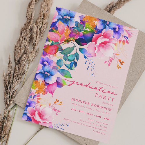 Chic Colorful Garden Floral Graduation Blush  Invitation