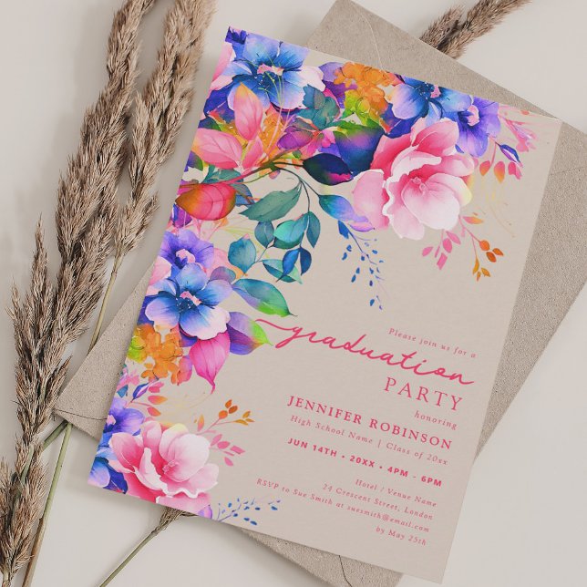 Chic Colorful Garden Floral Graduation Champagne  Invitation (Chic Colorful Garden Floral Graduation Champagne Invitation)