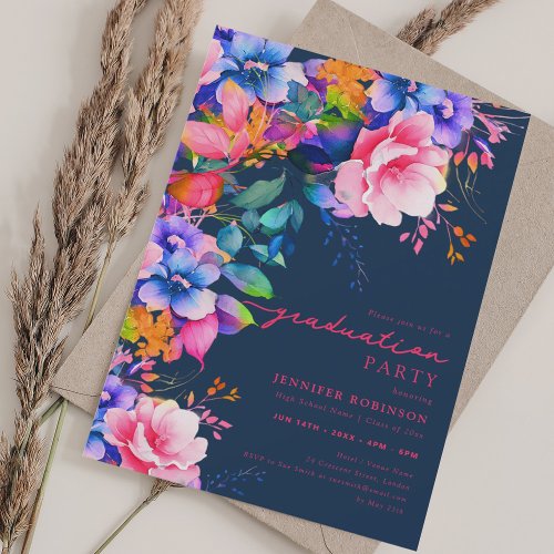 Chic Colorful Garden Floral Graduation Navy  Invitation