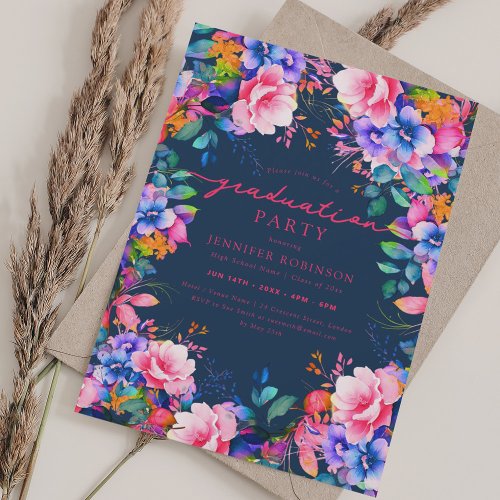 Chic Colorful Garden Floral Graduation Navy  Invitation