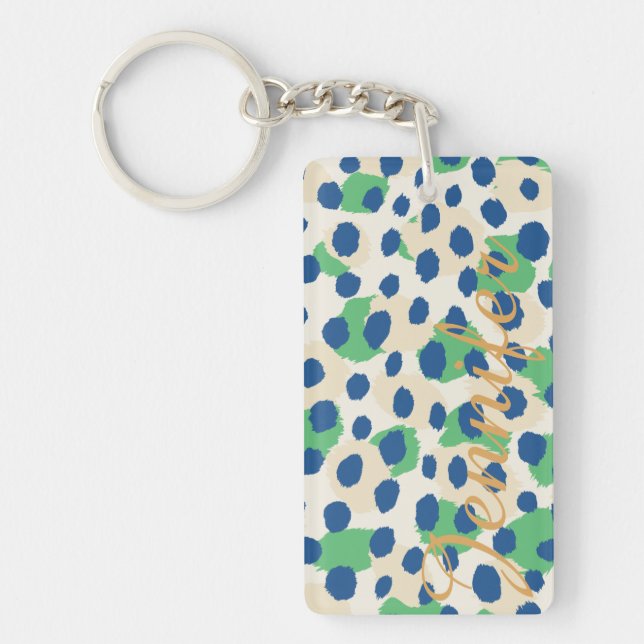 Chic colorful green blue cheetah print monogram keychain (Front)