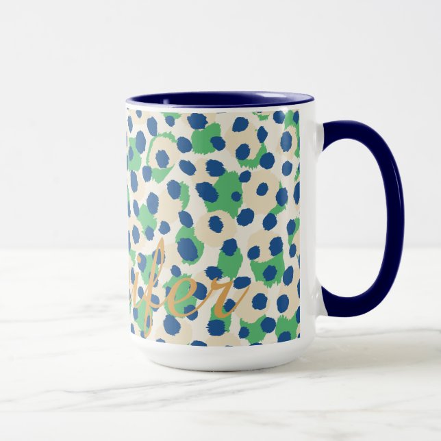 Chic colorful green blue cheetah print monogram mug (Right)
