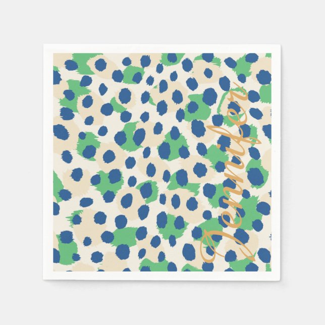 Chic colorful green blue cheetah print monogram napkins (Front)
