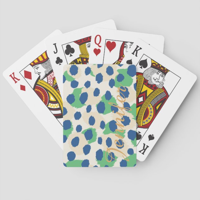 Chic colorful green blue cheetah print monogram poker cards (Back)