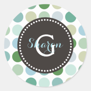 Chic colorful green polka dots pattern monogram classic round sticker