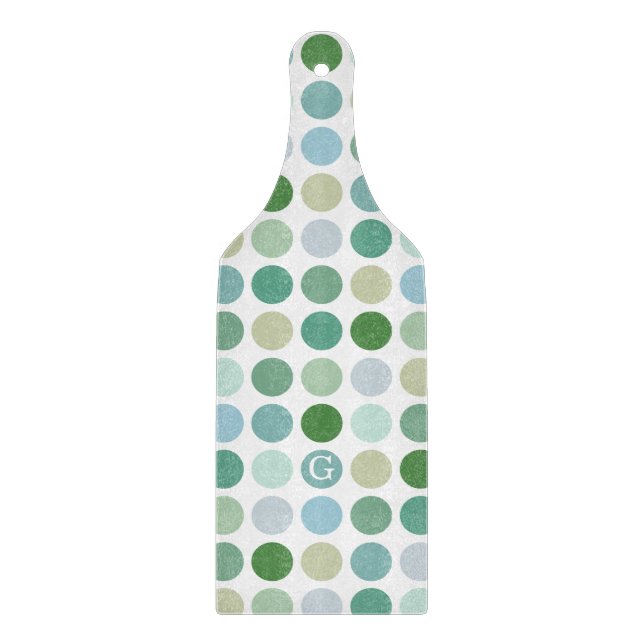 Chic colorful green polka dots pattern monogram cutting board (Front)