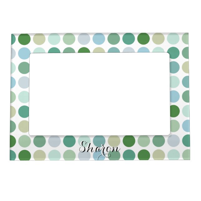 Chic colorful green polka dots pattern monogram magnetic frame (Front)