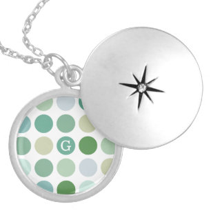 Chic colorful green polka dots pattern monogram silver plated necklace
