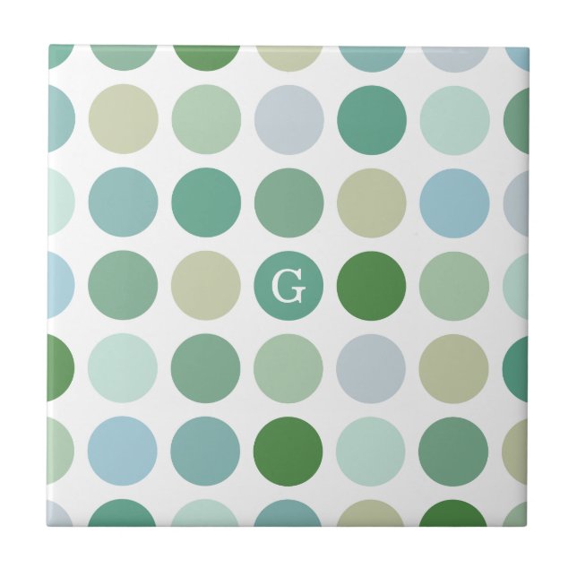 Chic colorful green polka dots pattern monogram tile (Front)
