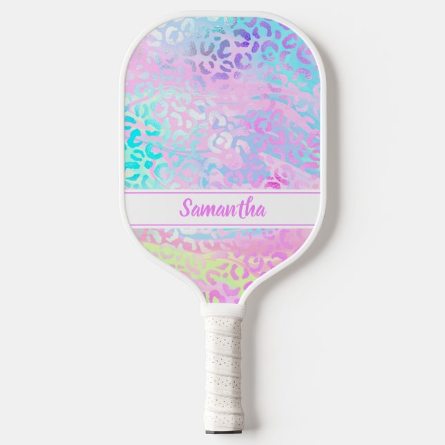 Chic Colorful Leopard Print Personalized Pickleball Paddle (Front)