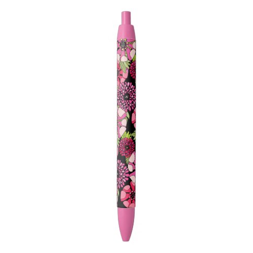 Chic Colorful Magnolia Flowers Pattern On Black Black Ink Pen