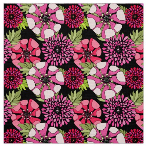 Chic Colorful Magnolia Flowers Pattern On Black Fabric