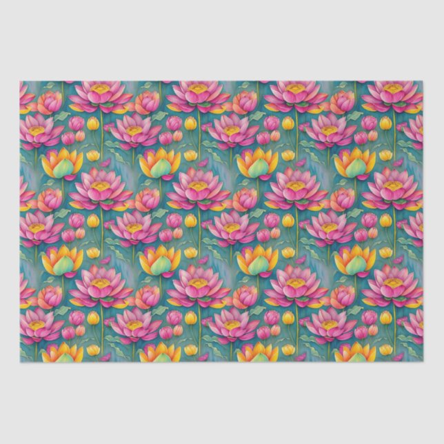 Chic Colorful Pink Lotus Flower Botanical Greenery Tissue Paper (Front)
