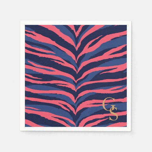 Chic colorful pink navy zebra print monogram paper napkins