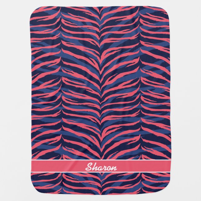 Chic colorful pink navy zebra print monogram receiving blanket (Front)
