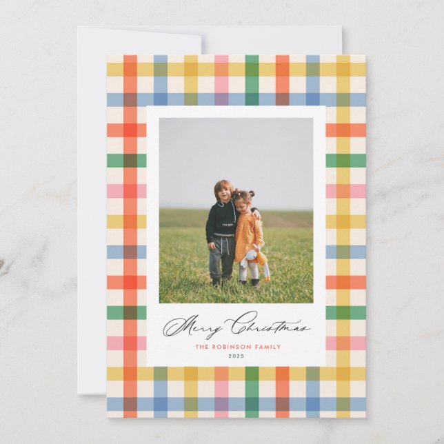 Chic Colorful Plaid Modern Christmas Photo Card (Front)