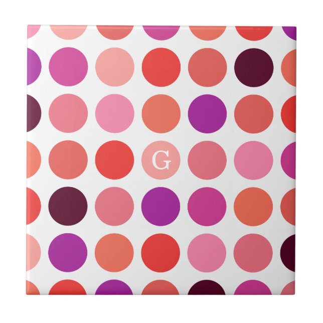 Chic colorful polka dots pattern monogram ceramic tile (Front)