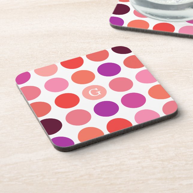 Chic colorful polka dots pattern monogram coaster (Left Side)