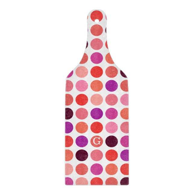 Chic colorful polka dots pattern monogram cutting board (Front)