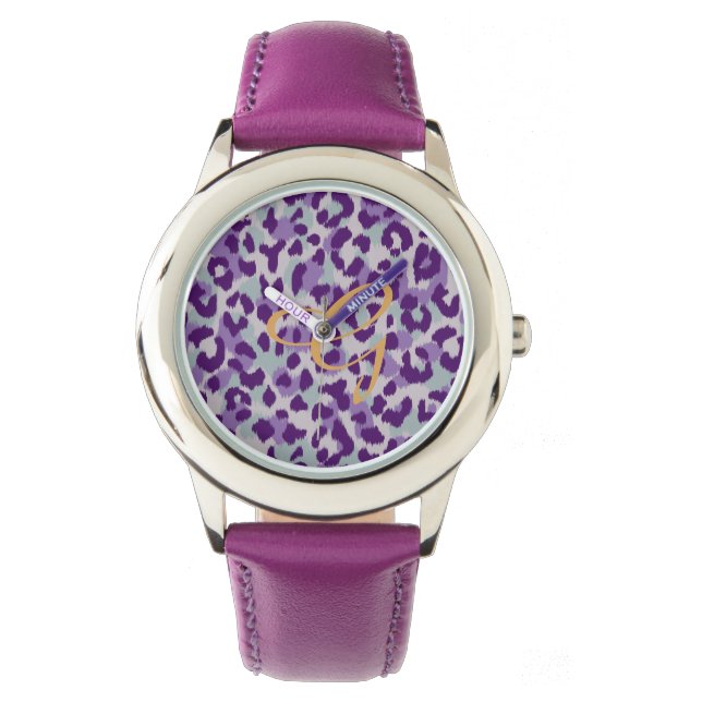 Chic colorful purple cheetah print monogram watch (Front)
