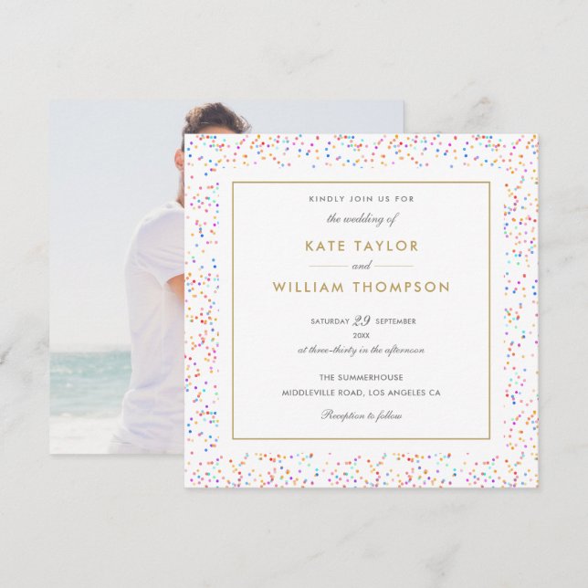 Chic Colorful Rainbow Confetti Photo Wedding Invitation (Front/Back)