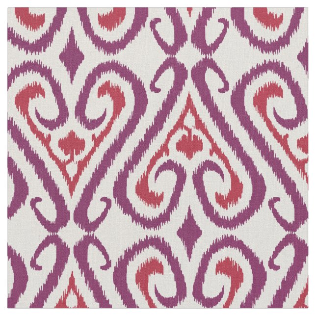Chic colorful red and purple ikat damask patterns fabric (Close Up)