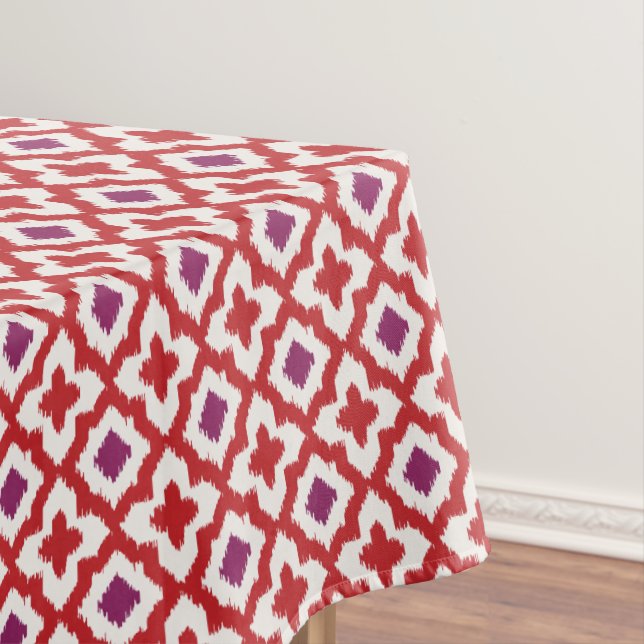 Chic colorful red and purple ikat tribal patterns tablecloth (In Situ)