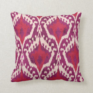 Chic colorful red and purple ikat tribal patterns throw pillow