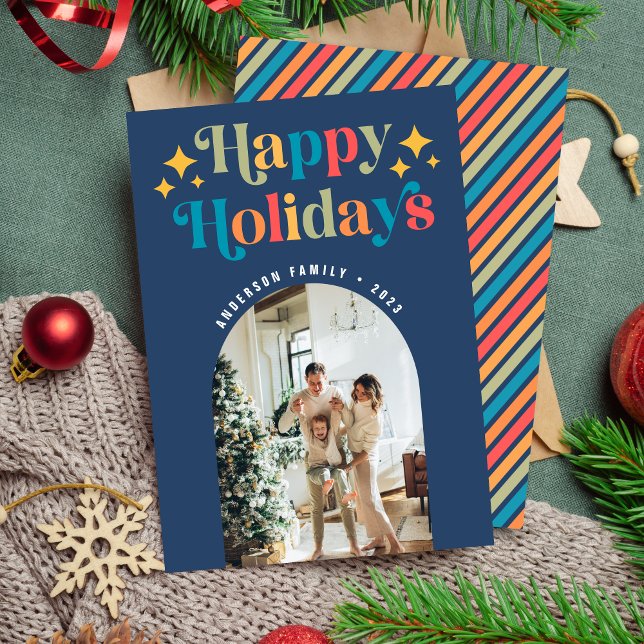 Chic Colorful Retro Happy Holidays Christmas Photo Holiday Card (Creator Uploaded)