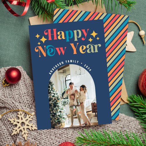 Chic Colorful Retro Happy New Year Photo Holiday Card