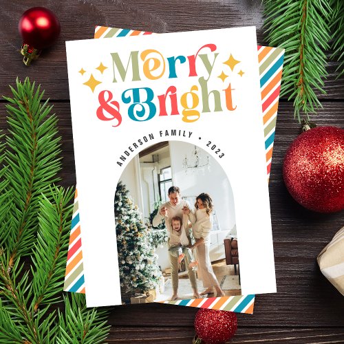 Chic Colorful Retro Merry  Bright Christmas Photo Holiday Card
