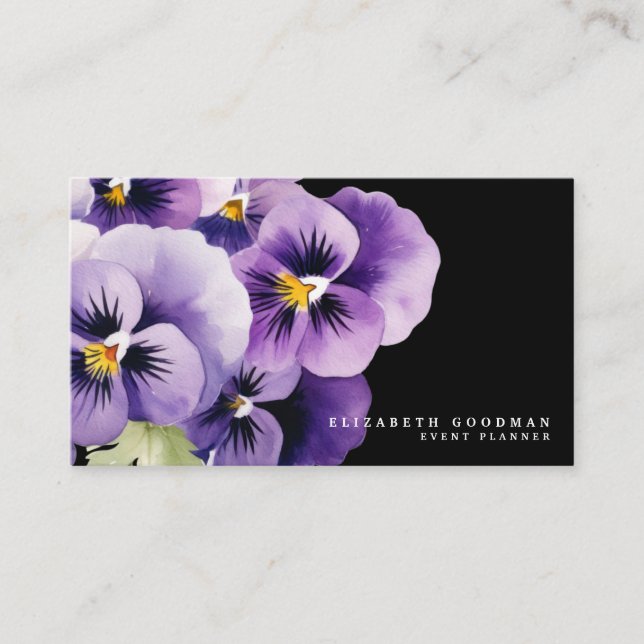 Chic Colorful Spring Pansies Black Business Cards (Front)