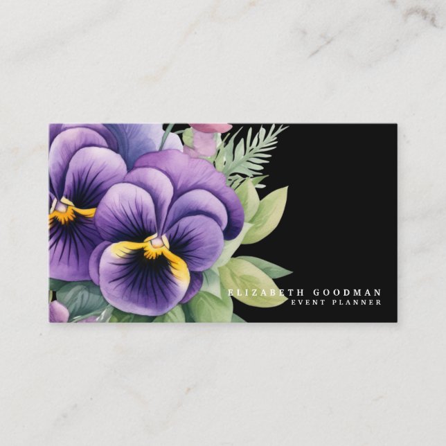 Chic Colorful Spring Pansies Black Business Cards (Front)